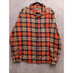Eddie‎ Bauer Plaid Flannel Shirt Men's XL Orange Navy 100% Cotton